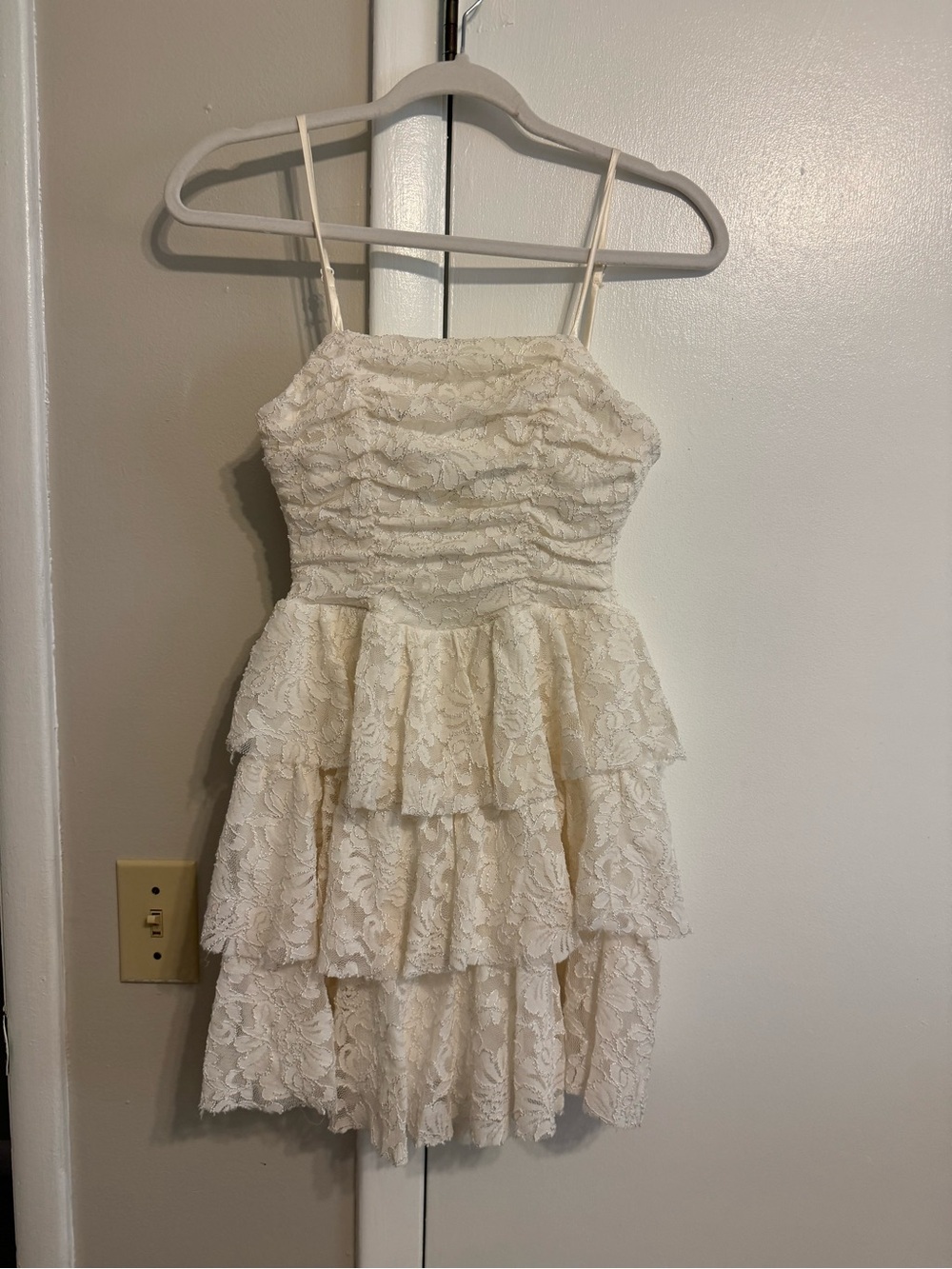Honey and Rosie Cream Lace Tiered Ruffle Mini Dress